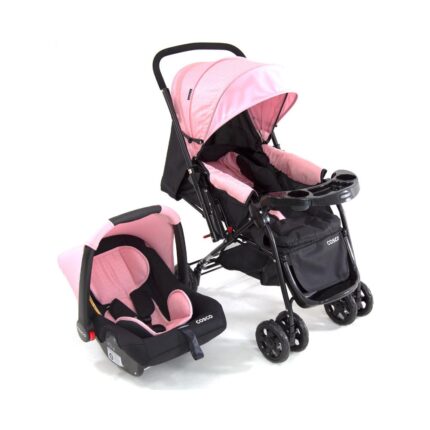 Carrinho de Bebe Travel System Duo Reverse Rosa Rajado com Bebê Conforto - Cosco